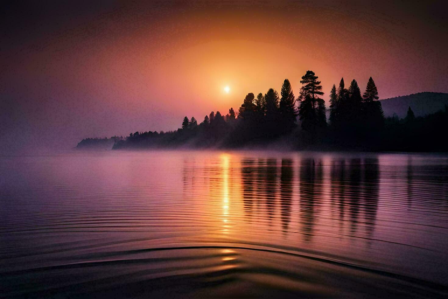 tramonto al di sopra di un' lago con alberi e acqua. ai-generato foto