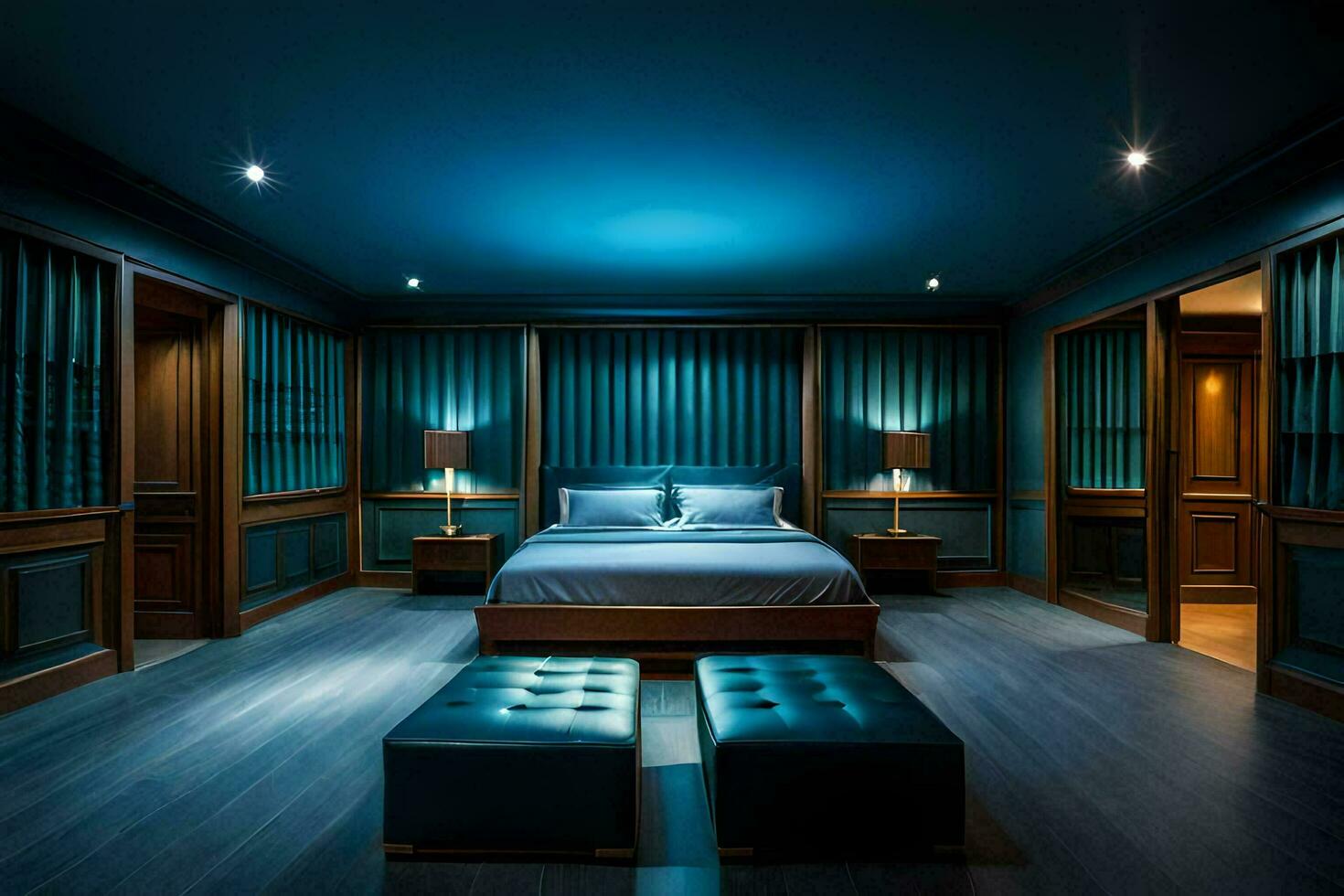 un' Camera da letto con blu illuminazione e di legno pannellatura. ai-generato foto