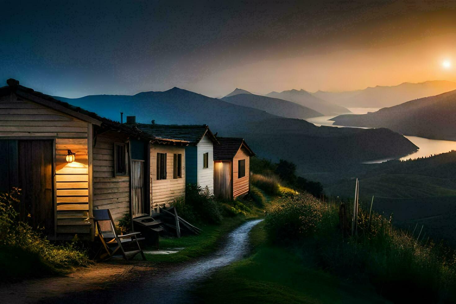 foto sfondo il cielo, montagne, lago, tramonto, il sentiero, capanna, sentiero, il. ai-generato