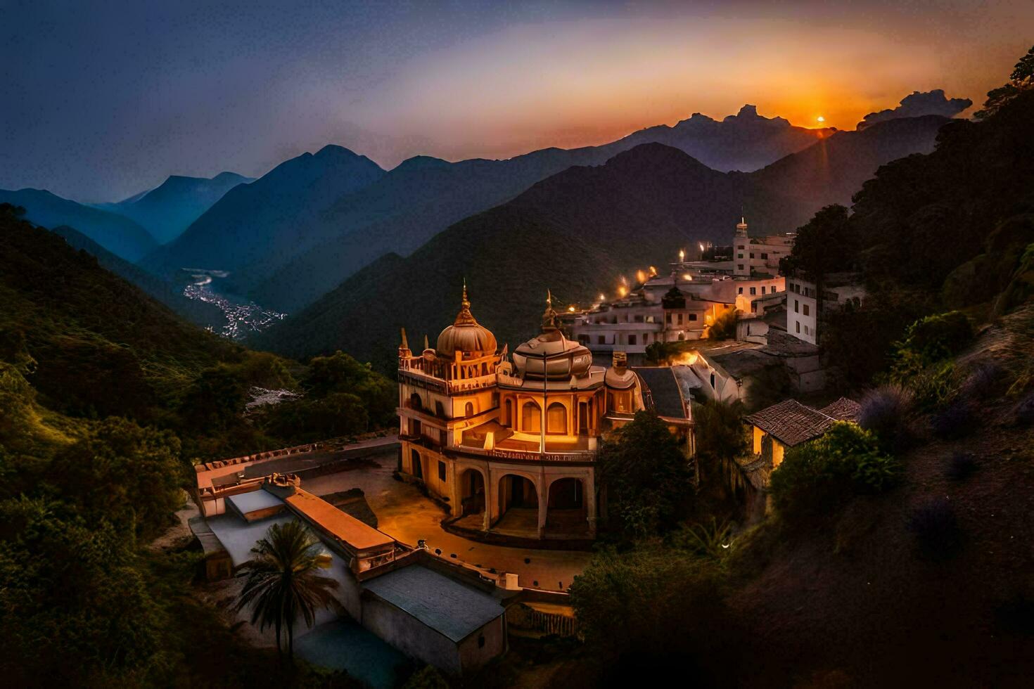 il sole imposta al di sopra di un' piccolo villaggio nel il montagne. ai-generato foto