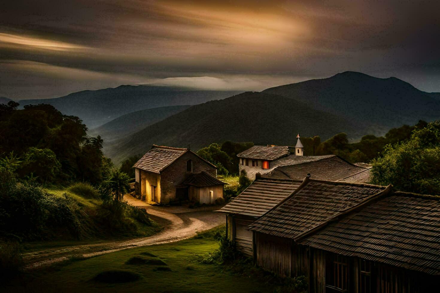 un' piccolo villaggio nel il montagne con un' buio cielo. ai-generato foto