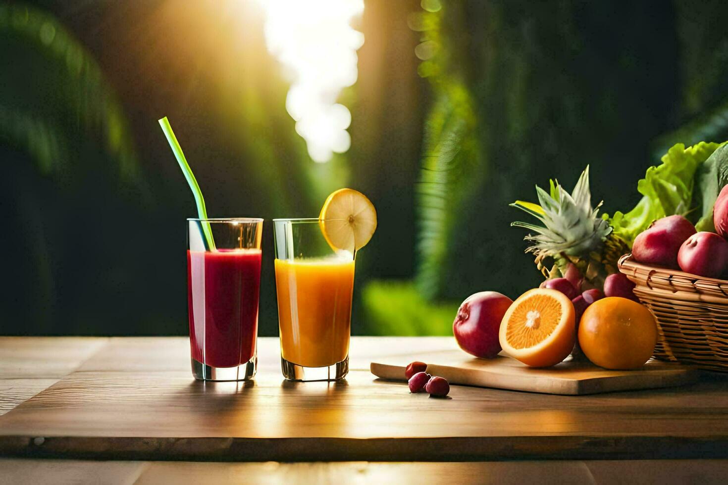 Due bicchieri di succo e frutta su un' tavolo. ai-generato foto