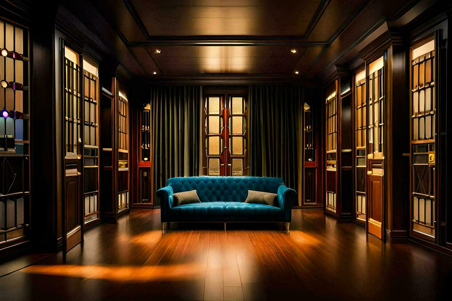 un' camera con un' blu divano e libreria. ai-generato foto