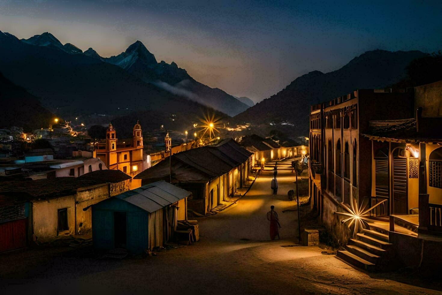 un' cittadina a notte con montagne nel il sfondo. ai-generato foto