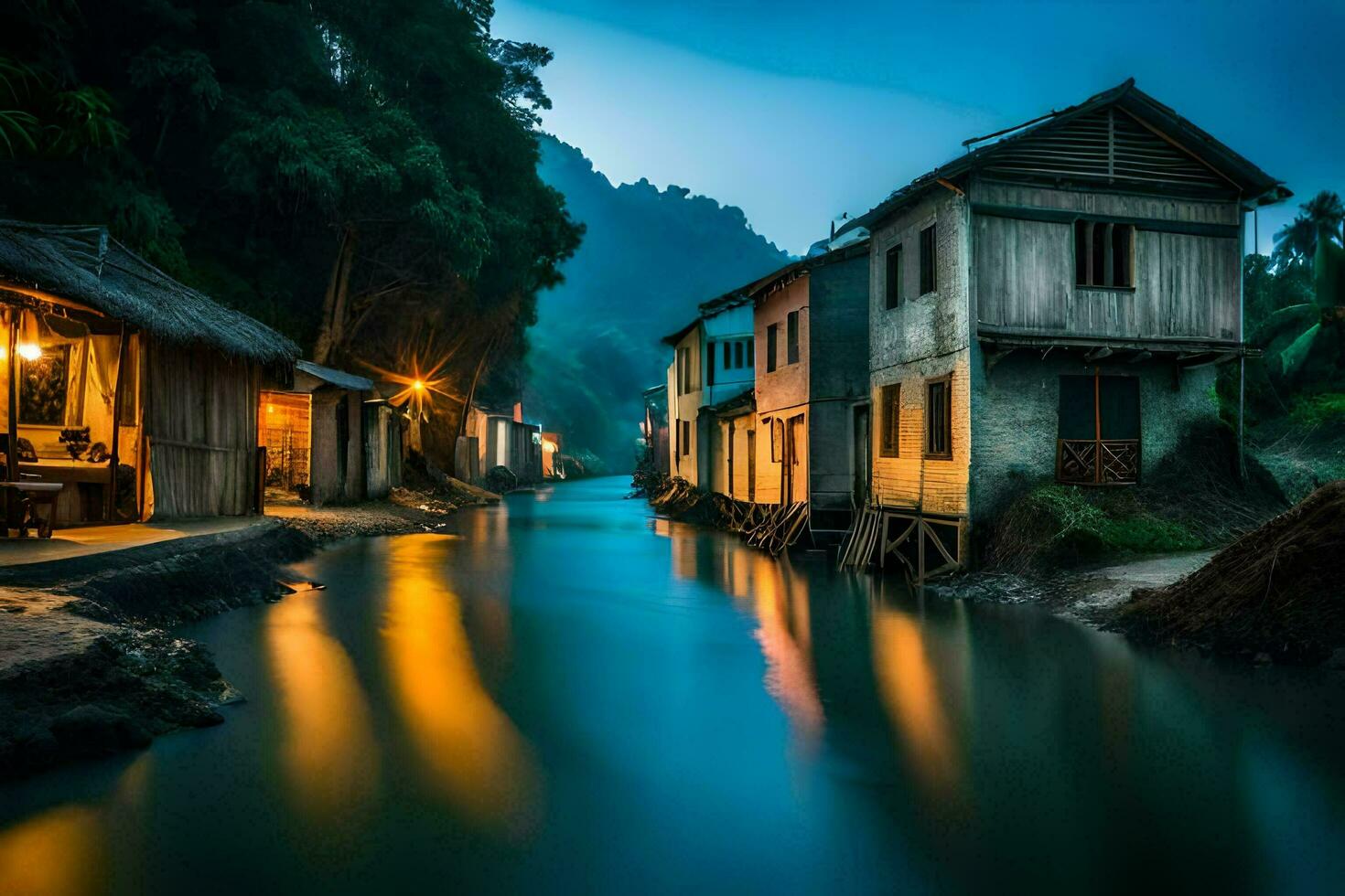 un' fiume nel il mezzo di un' villaggio a notte. ai-generato foto