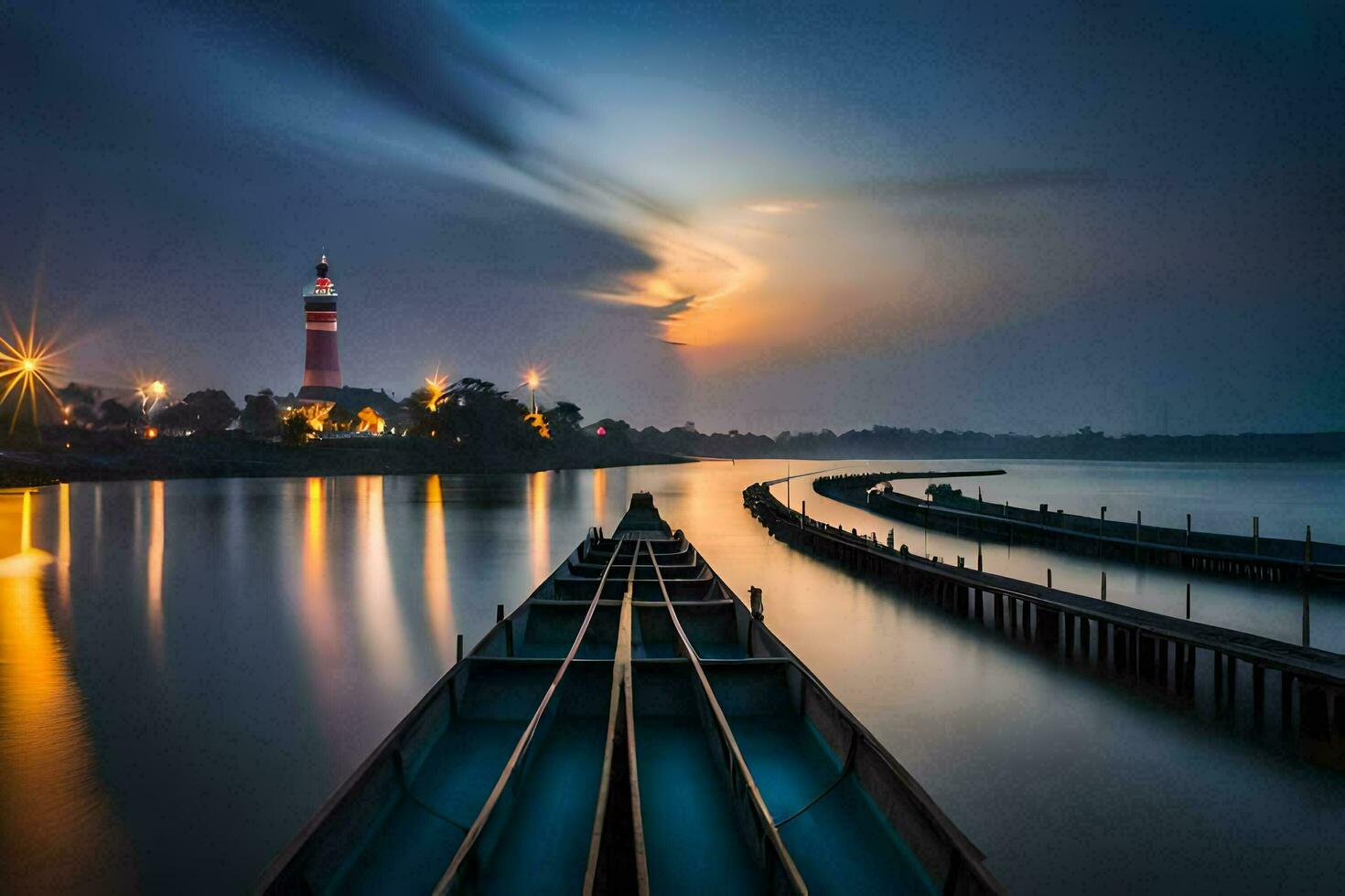 un' barca è attraccato a il fine di un' molo a notte. ai-generato foto