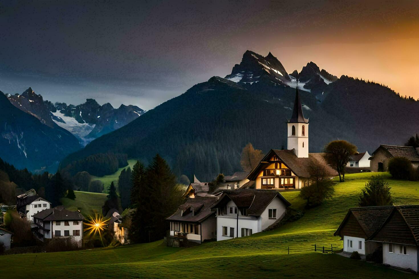 foto sfondo il cielo, montagne, villaggio, tramonto, il Alpi, Austria. ai-generato