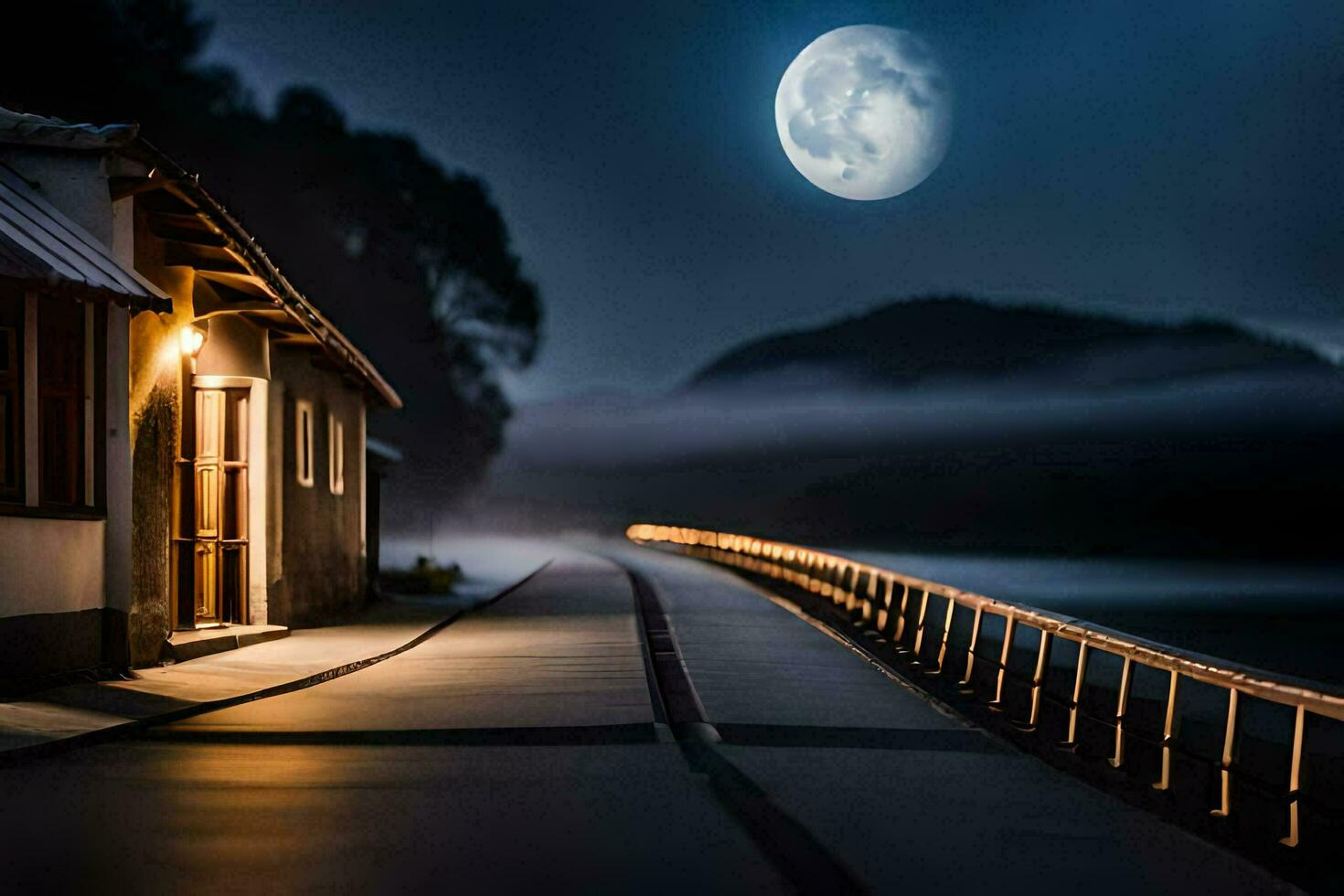 un' illuminato dalla luna strada principale per un' Casa con un' ponte. ai-generato foto