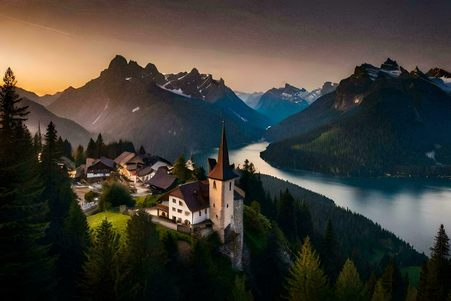 un' Chiesa su un' montagna prospiciente un' lago e montagne. ai-generato foto