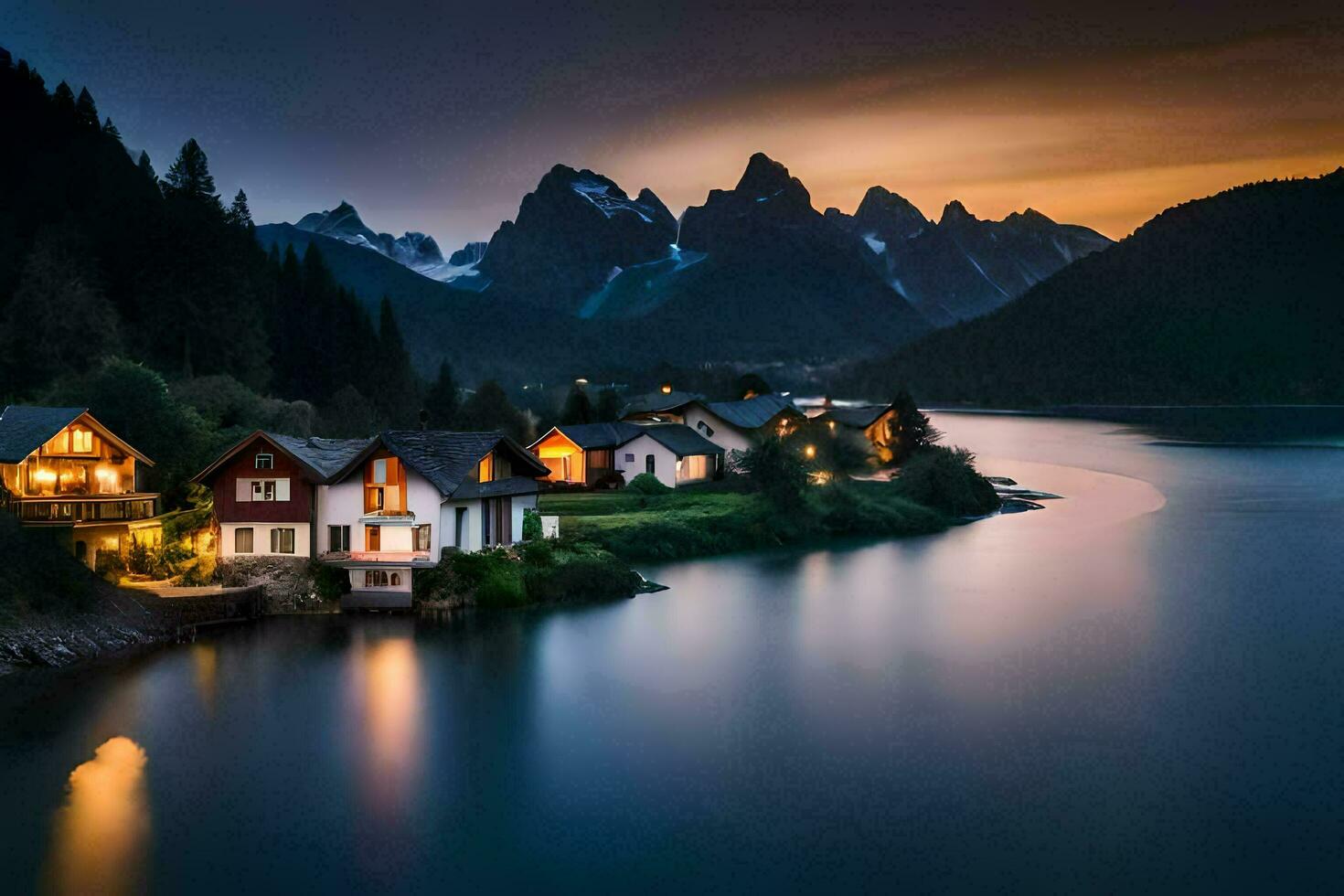 un' lago e case nel il montagne a notte. ai-generato foto