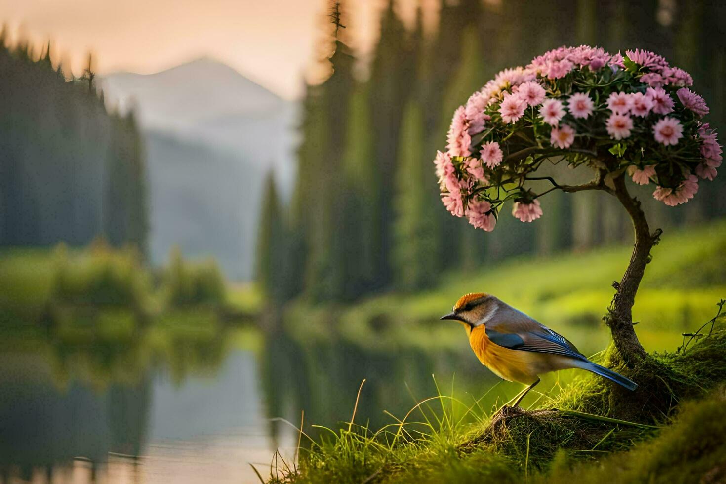 foto sfondo il cielo, fiori, uccello, lago, montagne, fiori, uccello, uccello,. ai-generato