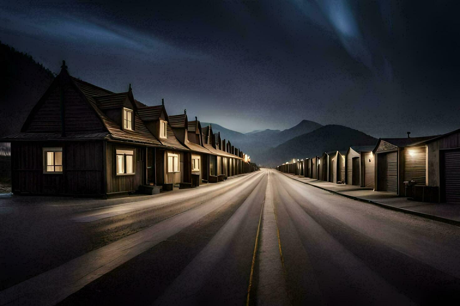 un' lungo esposizione fotografia di un' strada a notte. ai-generato foto