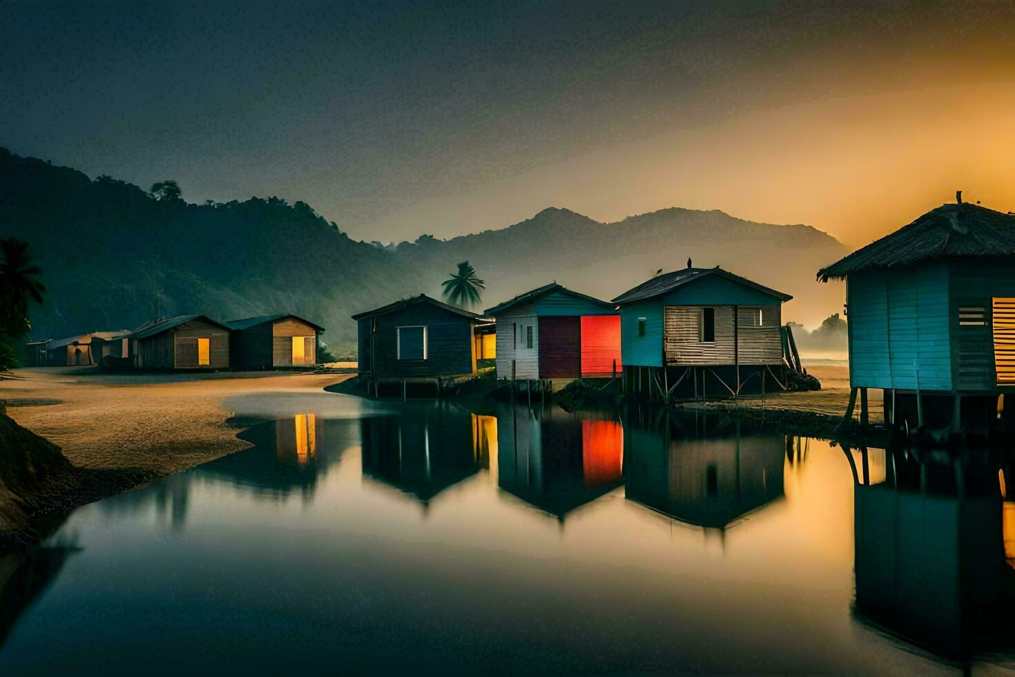 foto sfondo il cielo, acqua, montagne, il mare, il spiaggia, il sole, il. ai-generato