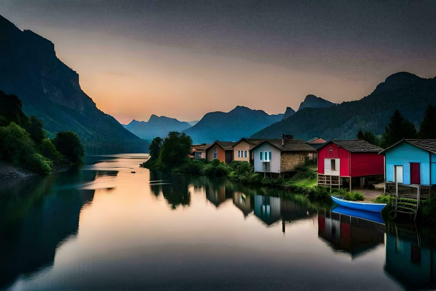 colorato case sedersi su il riva di un' fiume. ai-generato foto