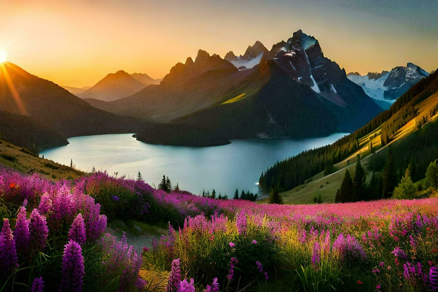 il sole sorge al di sopra di il montagne e lago nel Questo bellissimo paesaggio. ai-generato foto