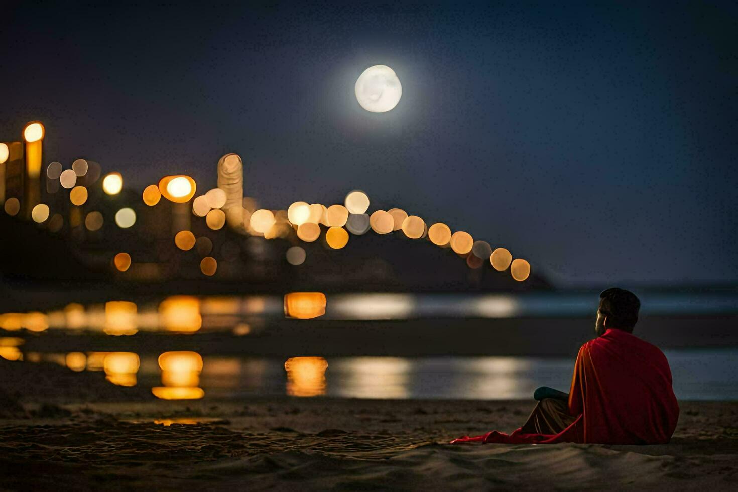 un' uomo seduta su il spiaggia a notte con un' pieno Luna nel il sfondo. ai-generato foto