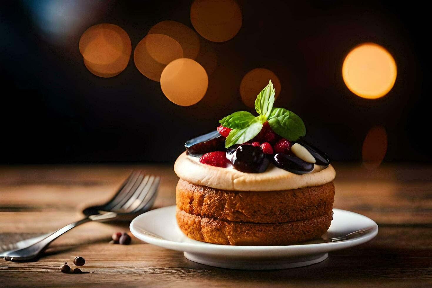 un' torta con frutti di bosco e crema su un' piatto. ai-generato foto