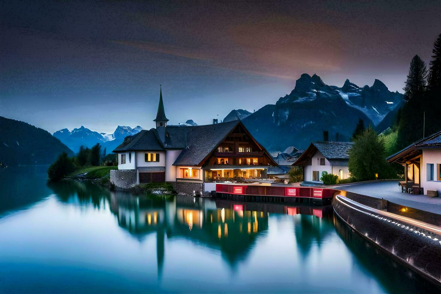 un' lago e un' Casa nel il montagne. ai-generato foto