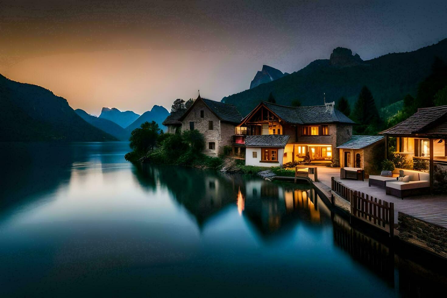 un' Casa su il lago a crepuscolo. ai-generato foto