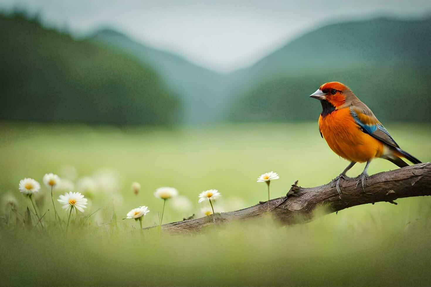 un' colorato uccello si siede su un' ramo nel un' campo. ai-generato foto