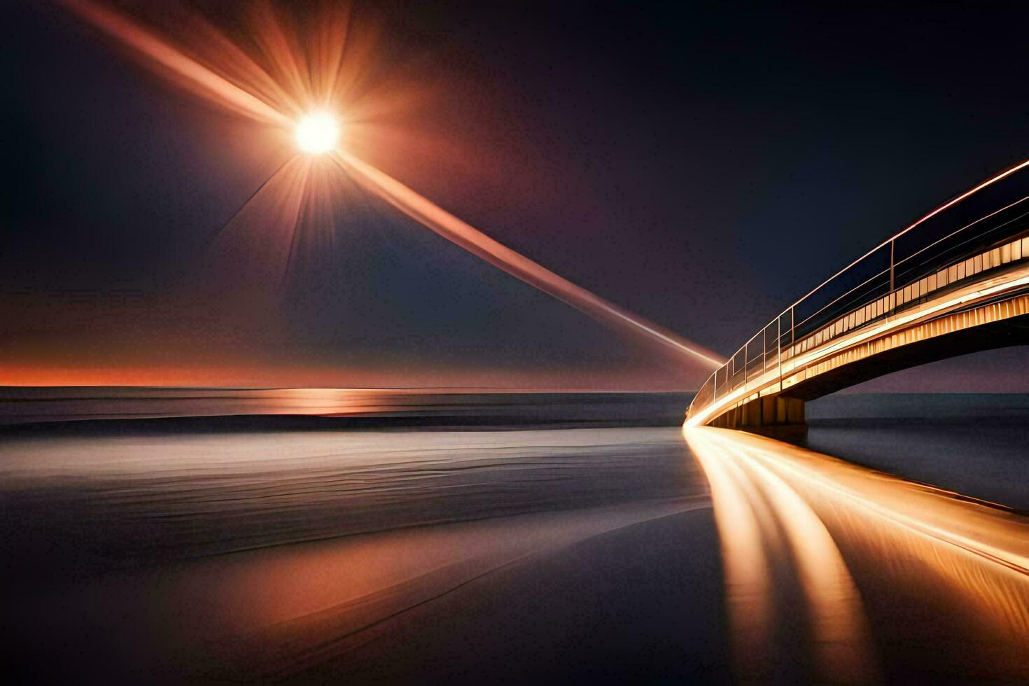 un' ponte al di sopra di il oceano a notte con un' lungo esposizione. ai-generato foto