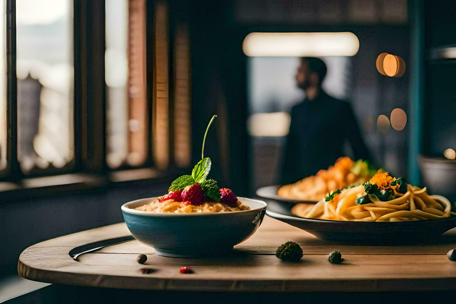 Due ciotole di pasta su un' tavolo con un' uomo nel il sfondo. ai-generato foto