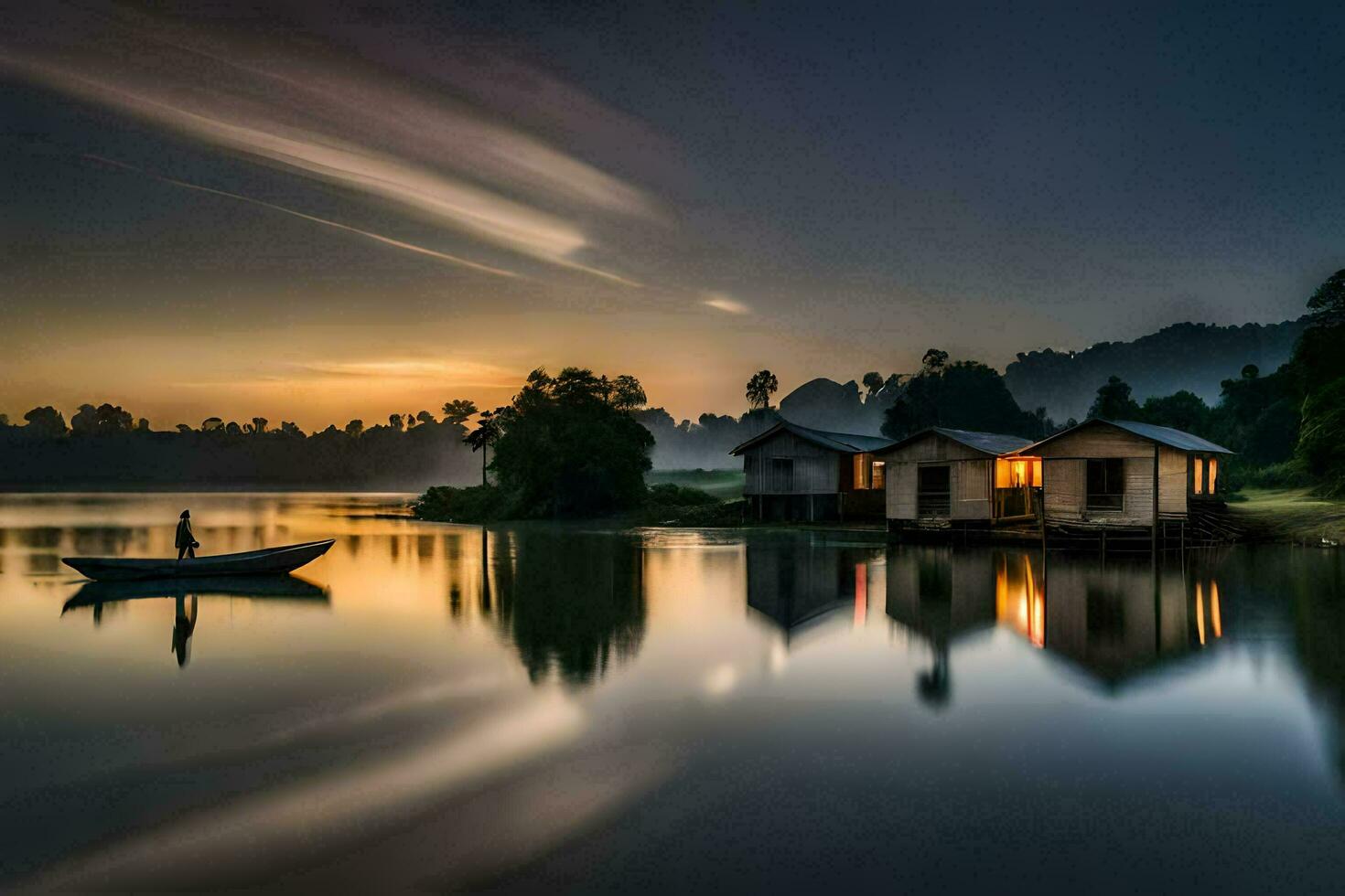 un' barca si siede su il acqua a tramonto. ai-generato foto