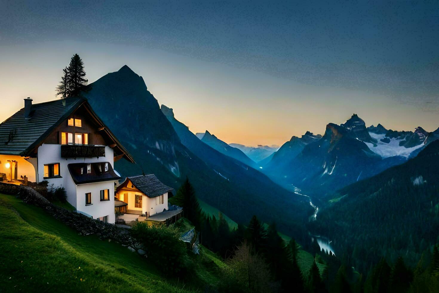 un' Casa nel il montagne a tramonto. ai-generato foto
