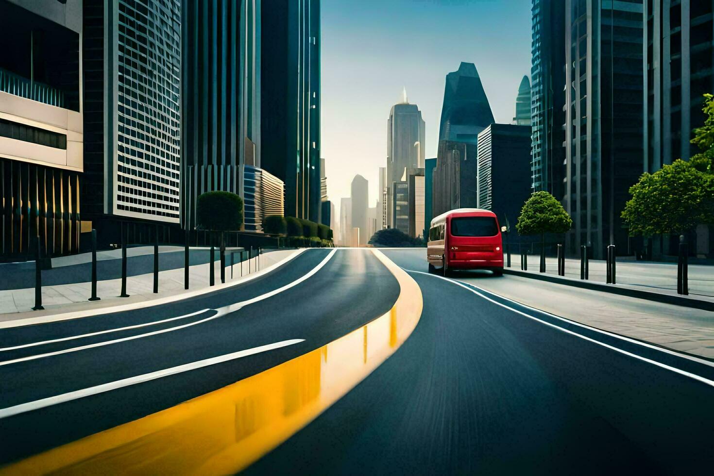 un' rosso autobus guida giù un' città strada. ai-generato foto