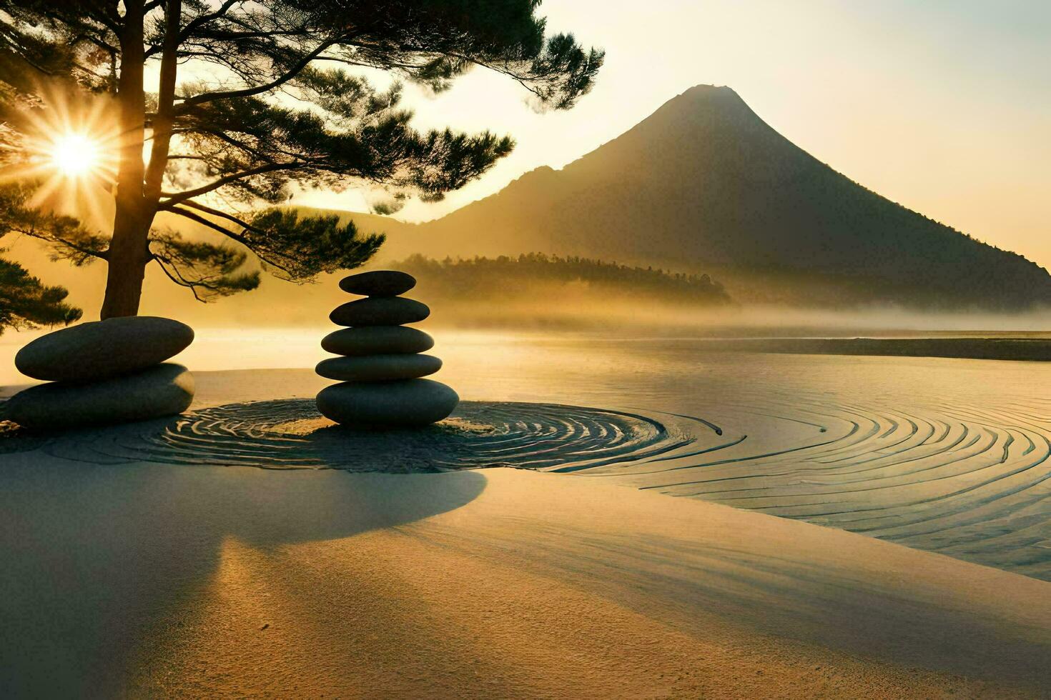 un' zen giardino nel il montagne. ai-generato foto