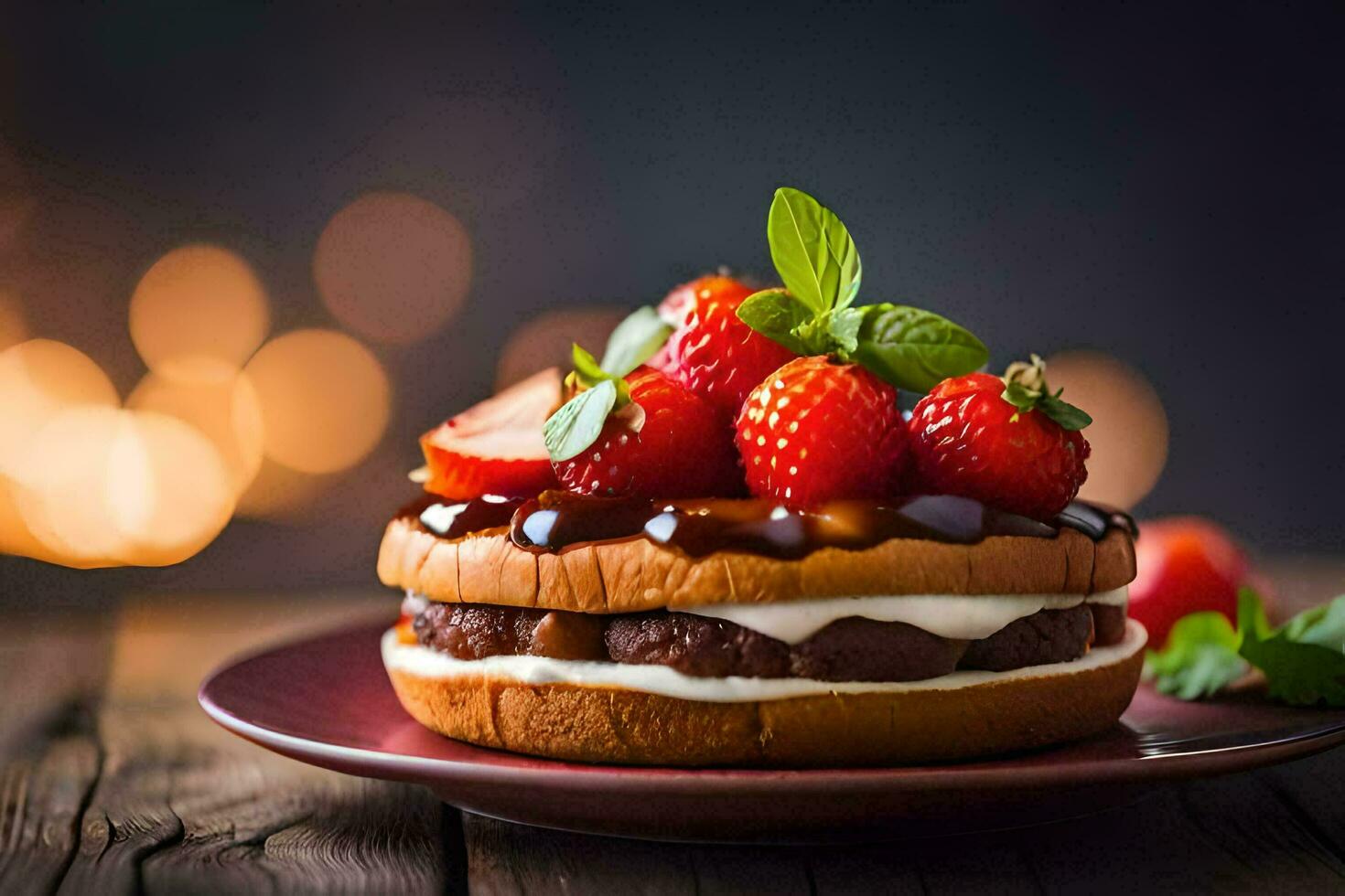 un' fragola e cioccolato torta con un' ciliegia su superiore. ai-generato foto