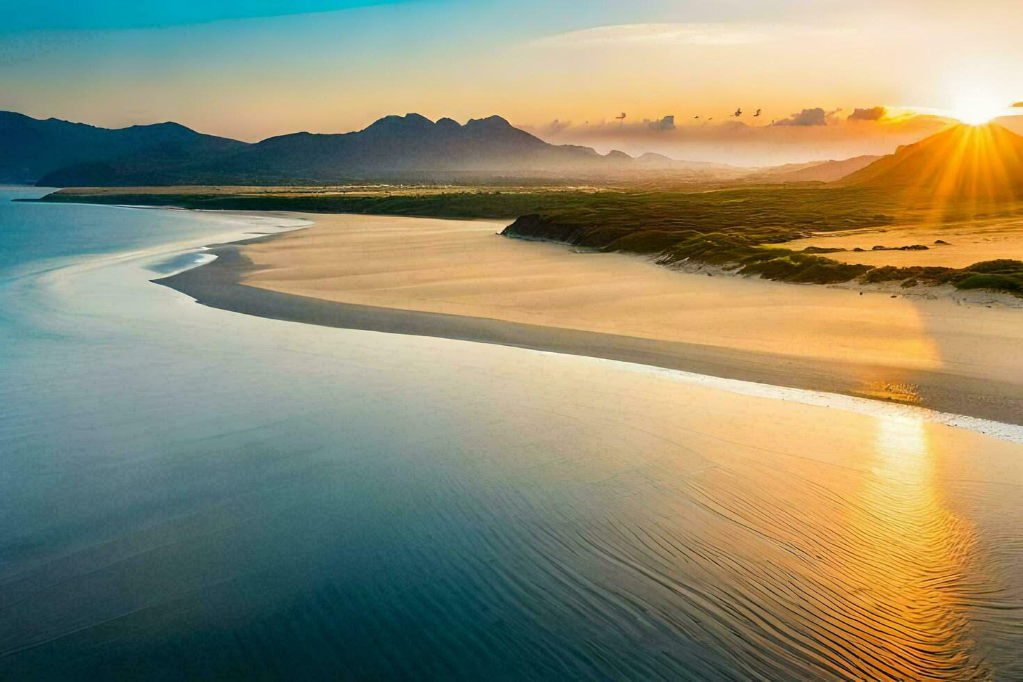 il sole imposta al di sopra di un' spiaggia e montagne. ai-generato foto