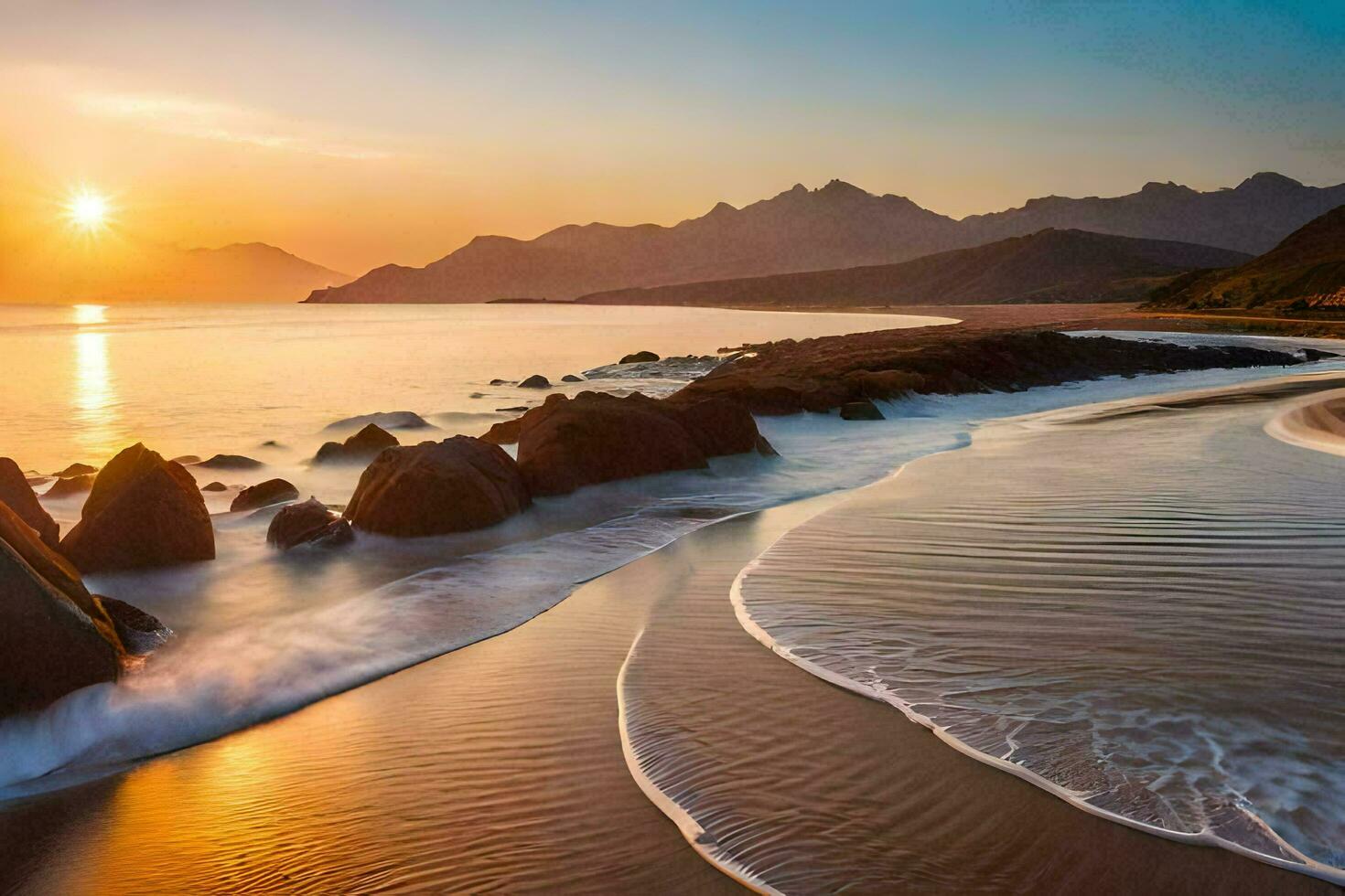 il sole imposta al di sopra di un' spiaggia e montagne. ai-generato foto