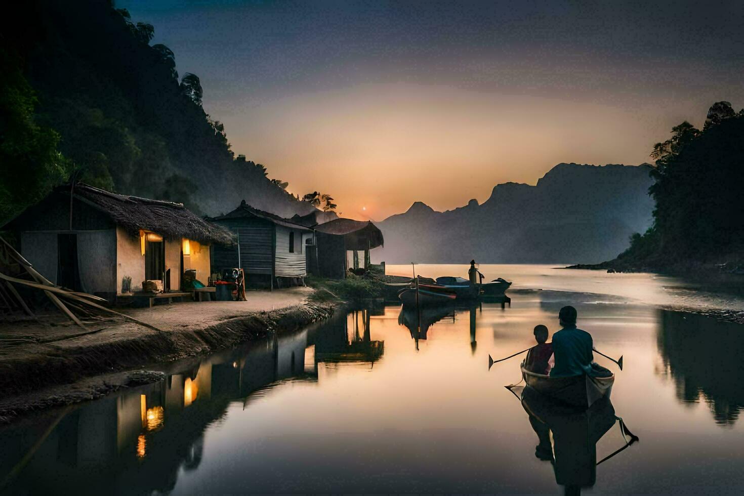 Due persone nel un' barca su il fiume a tramonto. ai-generato foto