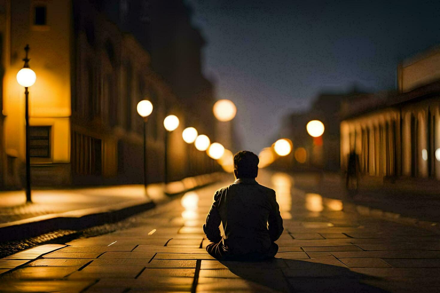 un' uomo si siede solo nel il mezzo di un' città strada a notte. ai-generato foto