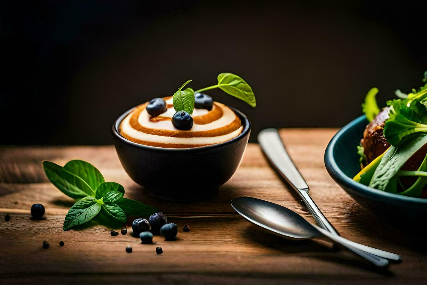 un' ciotola di insalata con mirtilli e menta le foglie. ai-generato foto