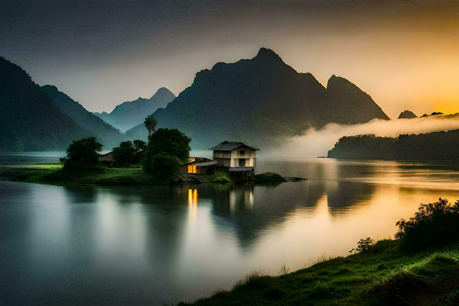 un' Casa si siede su il bordo di un' lago a tramonto. ai-generato foto