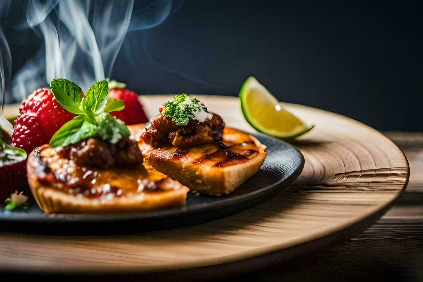 un' piatto con un' fetta di pane, fragole e un' fetta di lime. ai-generato foto