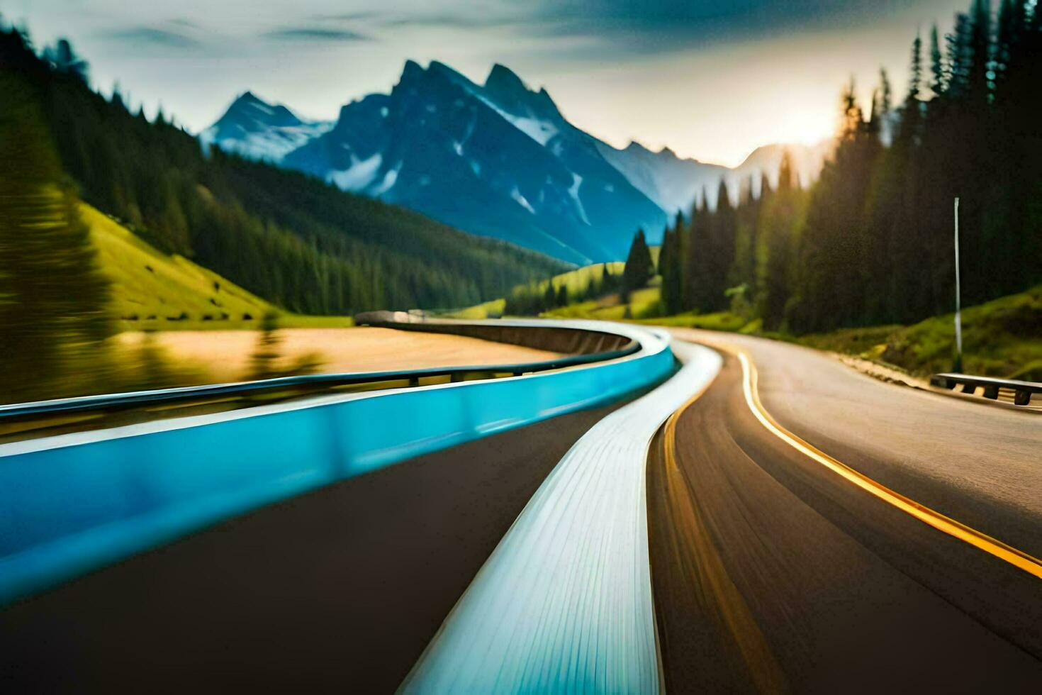 un' auto guida su un' autostrada con montagne nel il sfondo. ai-generato foto