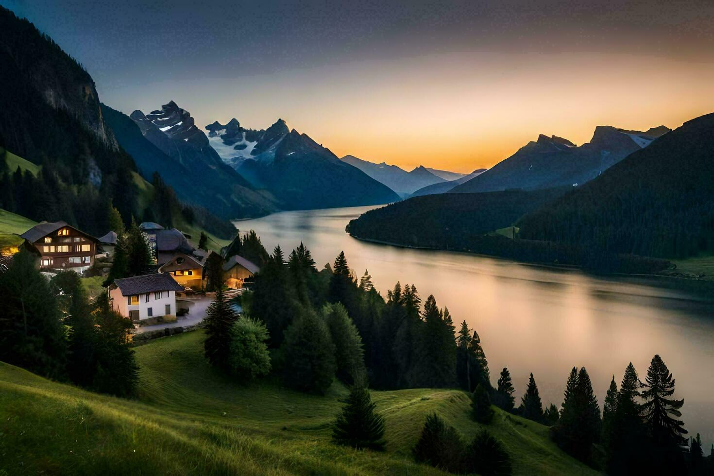 un' lago e montagna villaggio a tramonto. ai-generato foto