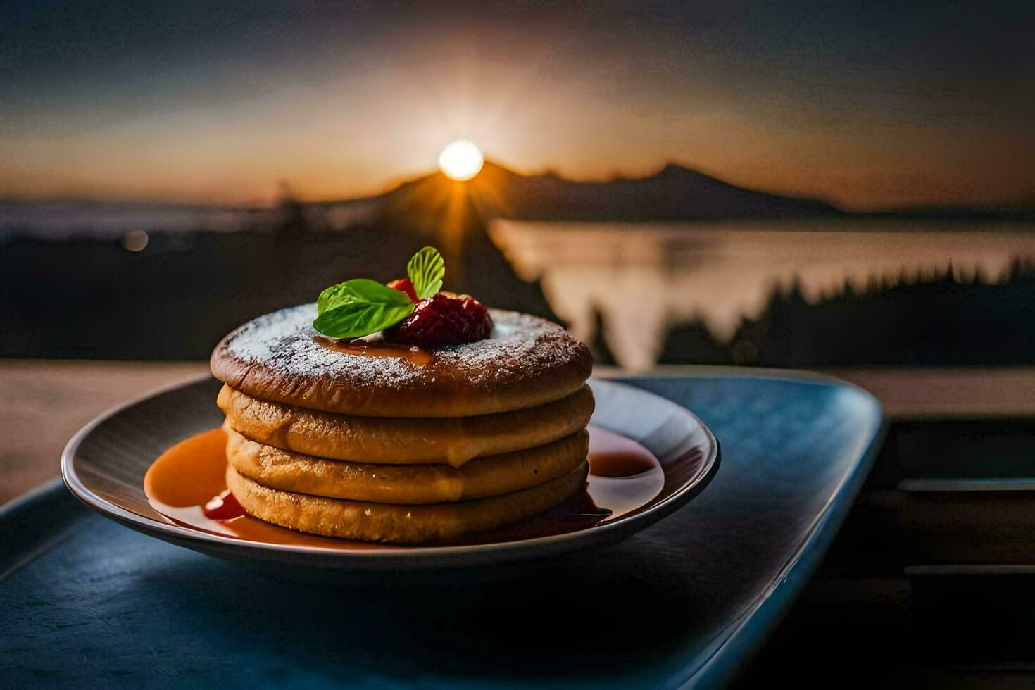 Pancakes su un' piatto con un' Visualizza di il tramonto. ai-generato foto