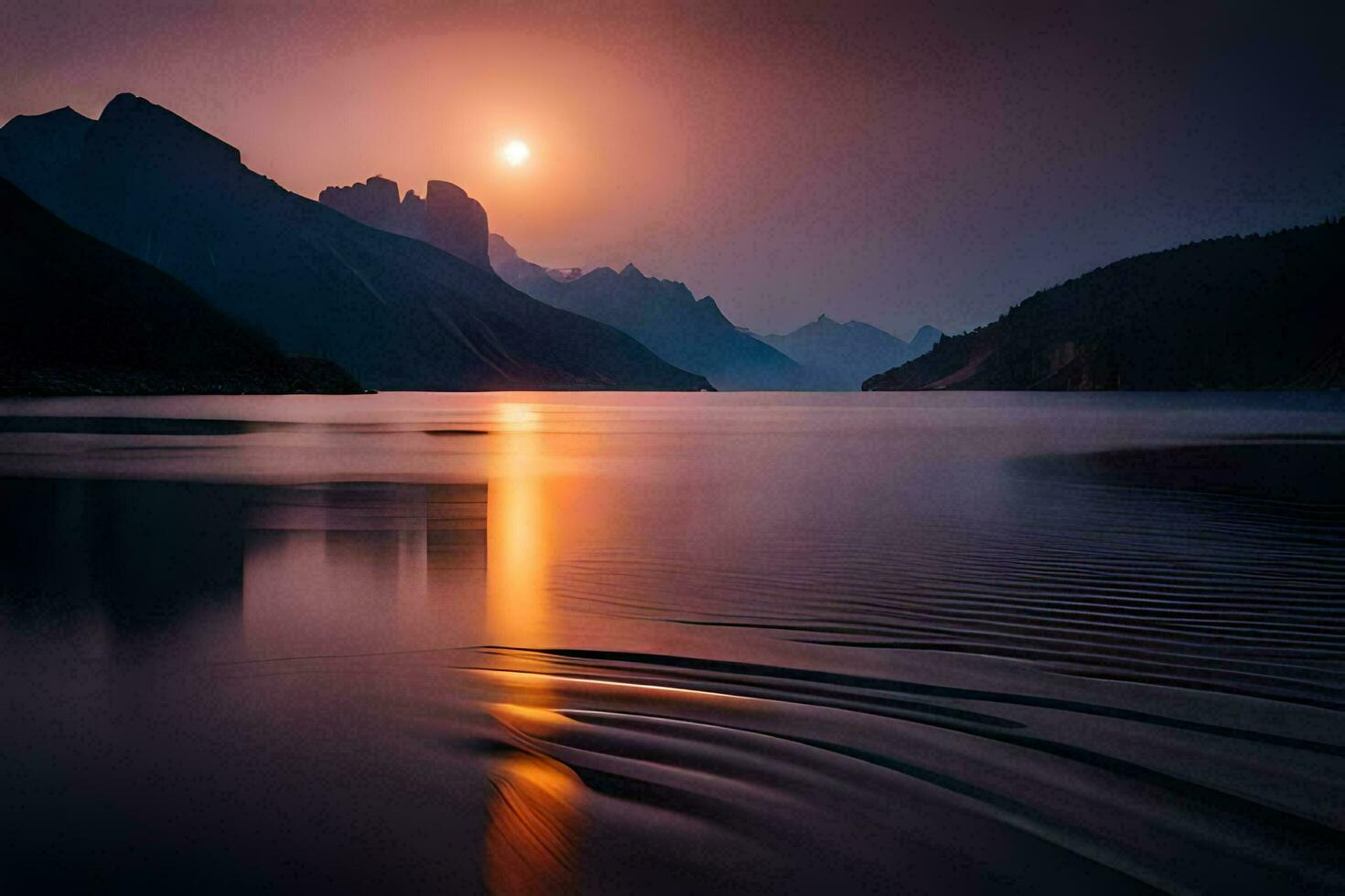 il sole imposta al di sopra di un' lago e montagne. ai-generato foto