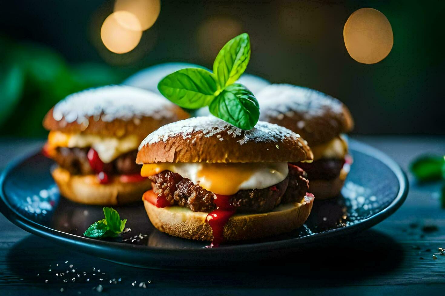 tre hamburger con formaggio e salsa su un' nero piatto. ai-generato foto