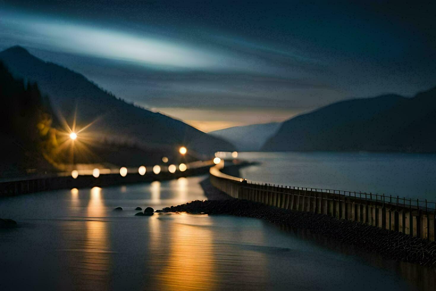 un' lungo esposizione foto di un' ponte al di sopra di un' fiume. ai-generato