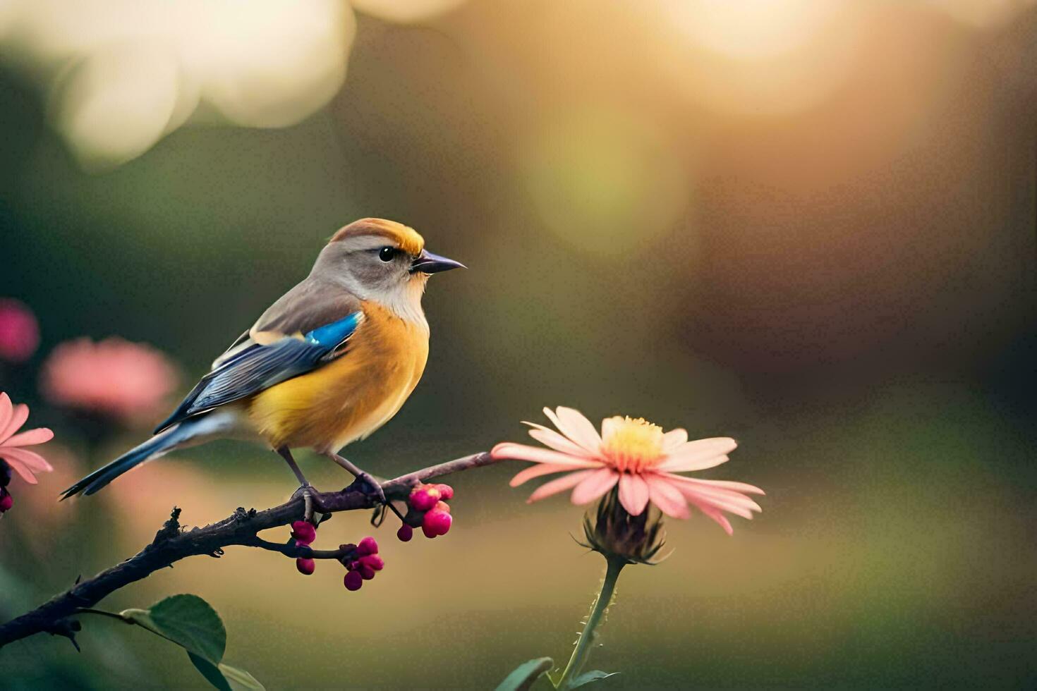 un' uccello si siede su un' ramo con fiori nel il sfondo. ai-generato foto