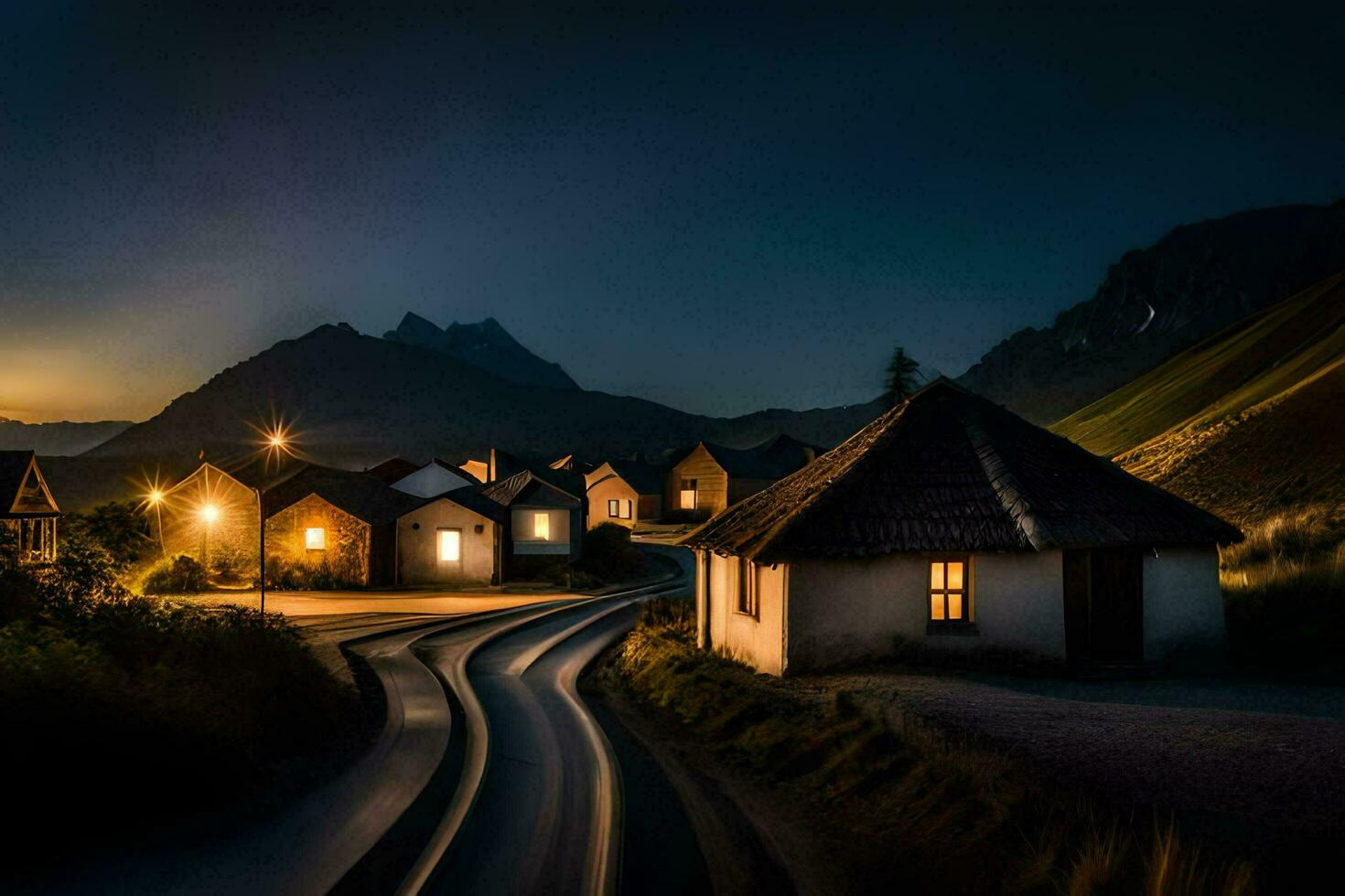 un' villaggio a notte con un' avvolgimento strada. ai-generato foto