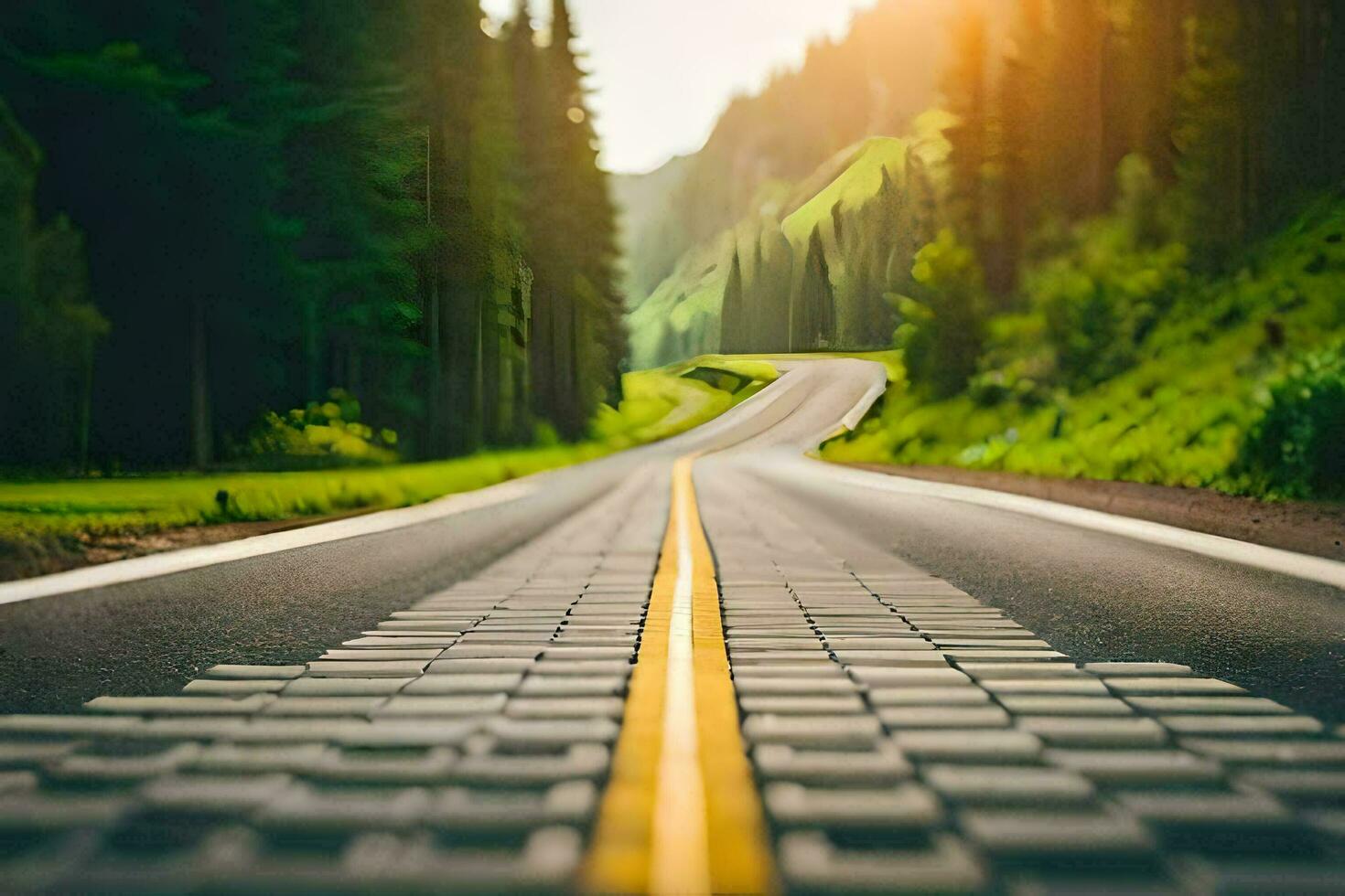 un' strada con un' giallo linea su esso nel il mezzo di un' foresta. ai-generato foto