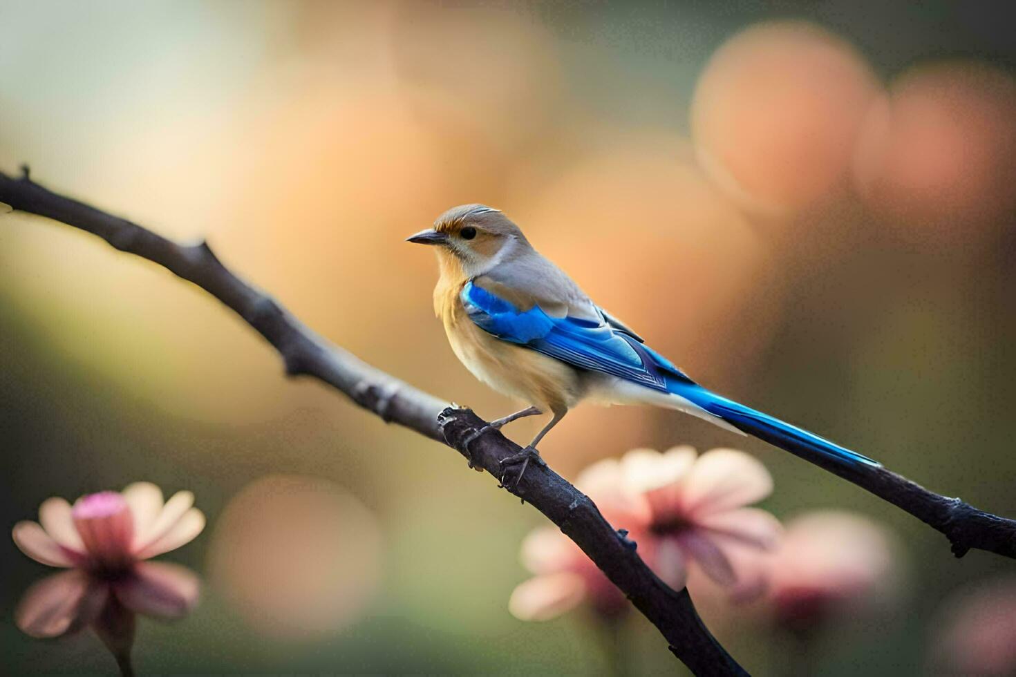 un' blu uccello è arroccato su un' ramo con rosa fiori. ai-generato foto