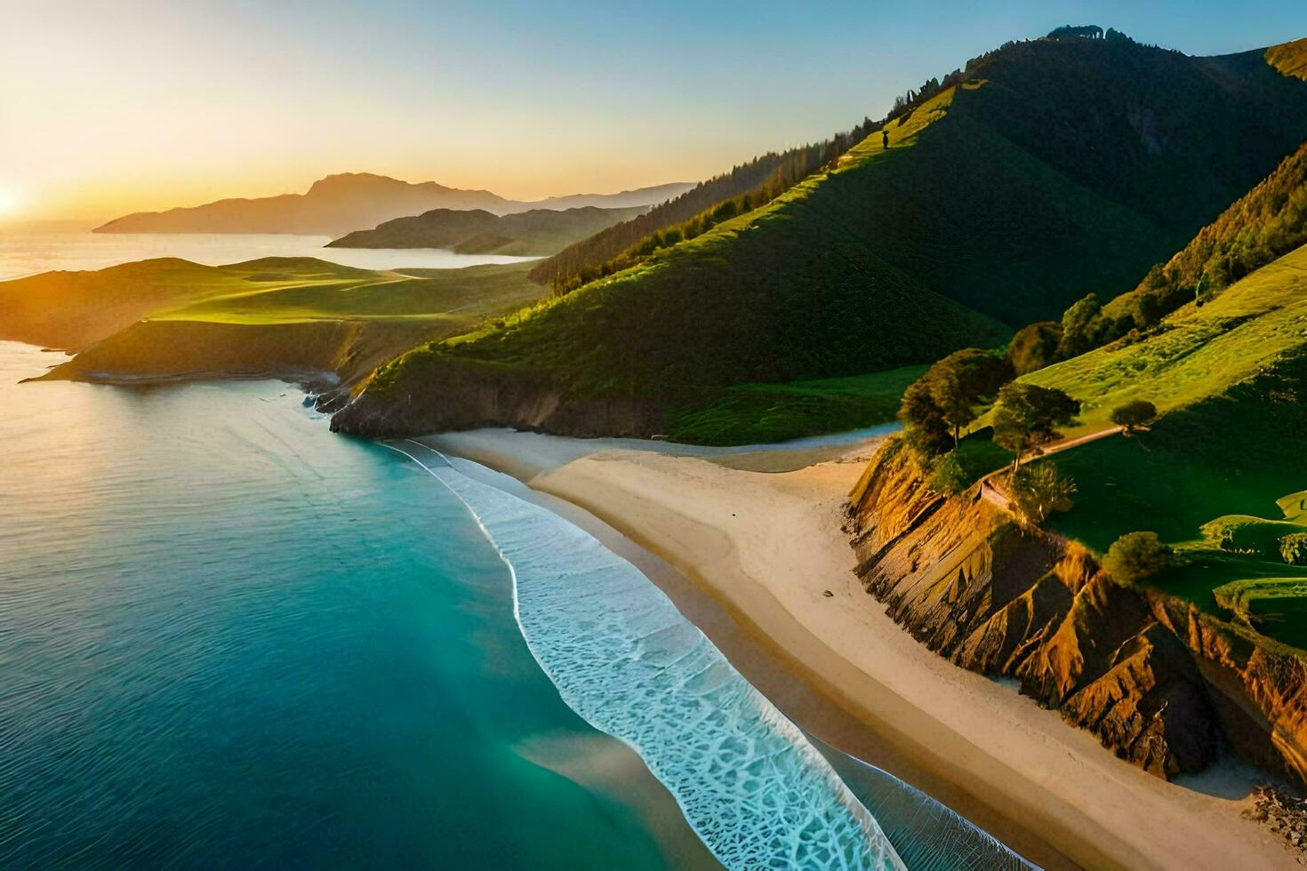 il sole imposta al di sopra di il oceano e colline di il Pacifico costa. ai-generato foto