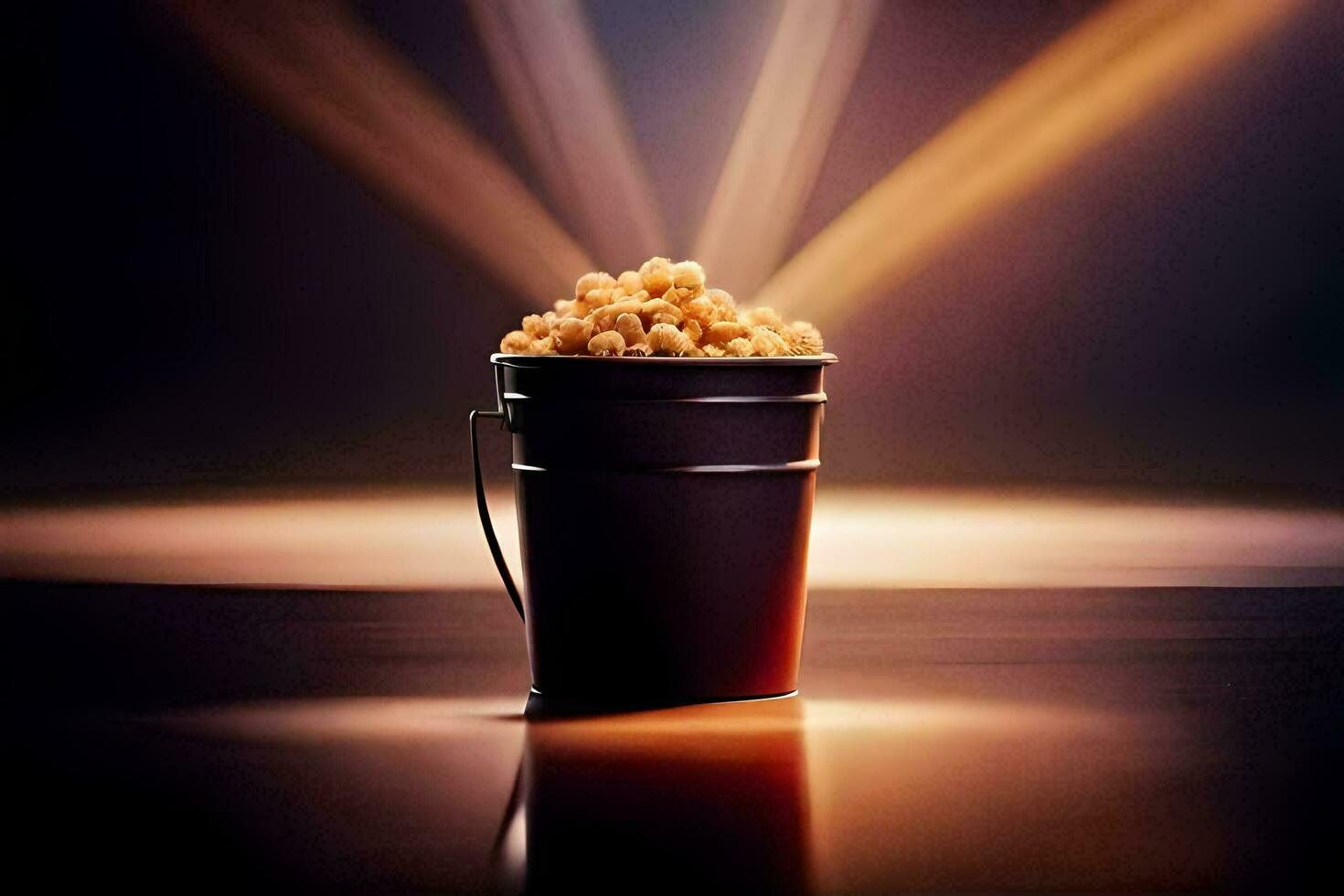 un' secchio di Popcorn su un' tavolo con leggero splendente a partire dal dietro. ai-generato foto